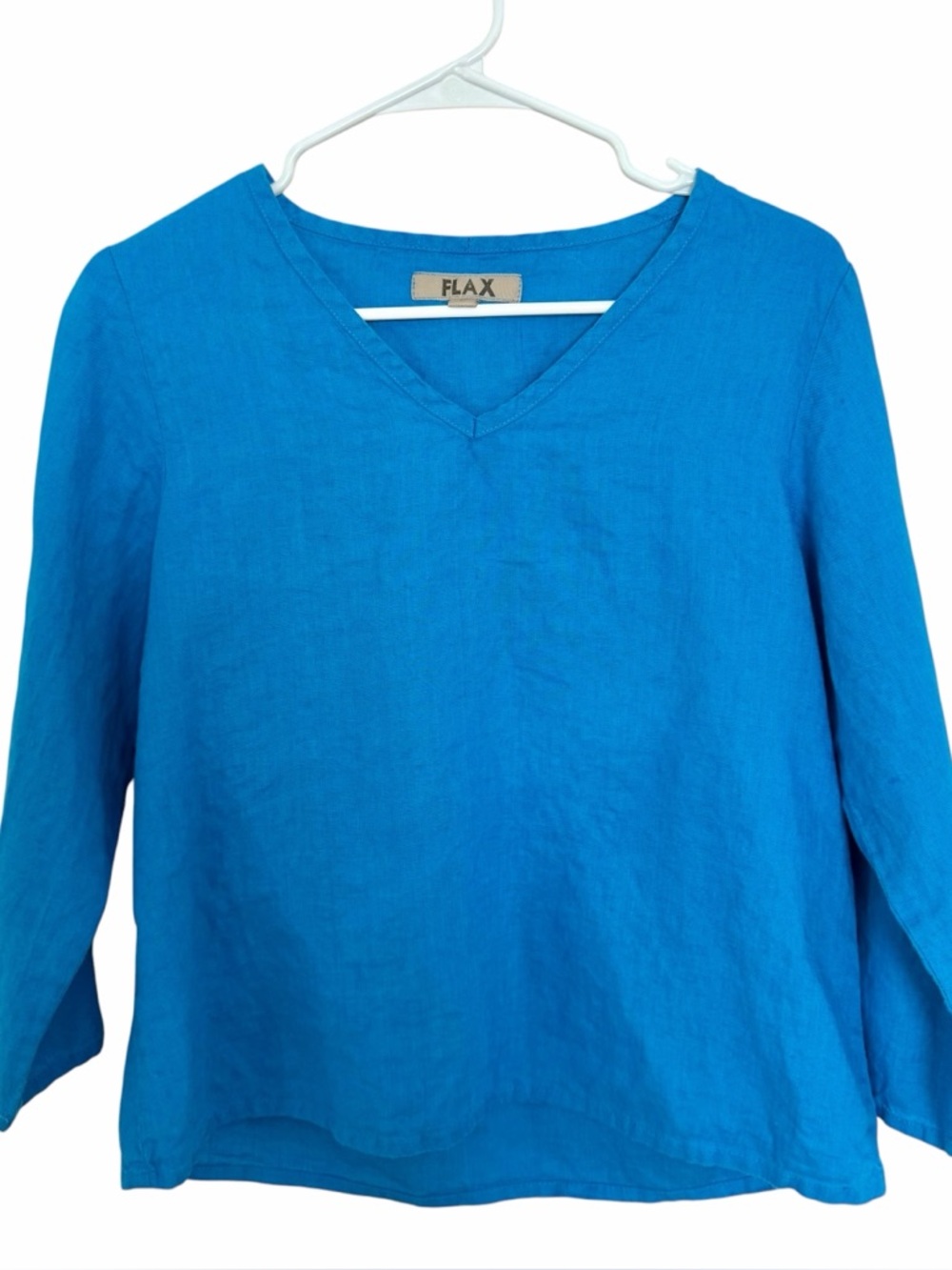 FLAX 100% Linen V-Neck Top Blue Size P 4/6  Minimalist 3/4 Sleeve